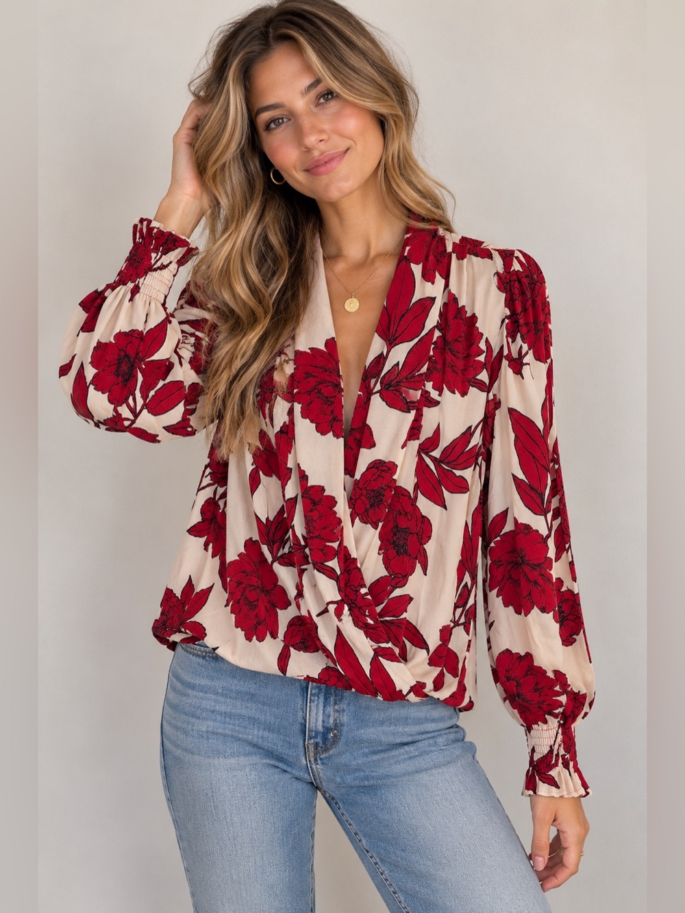 Band of the Free Floral Blouse Size M Red Burgundy Cream Boho